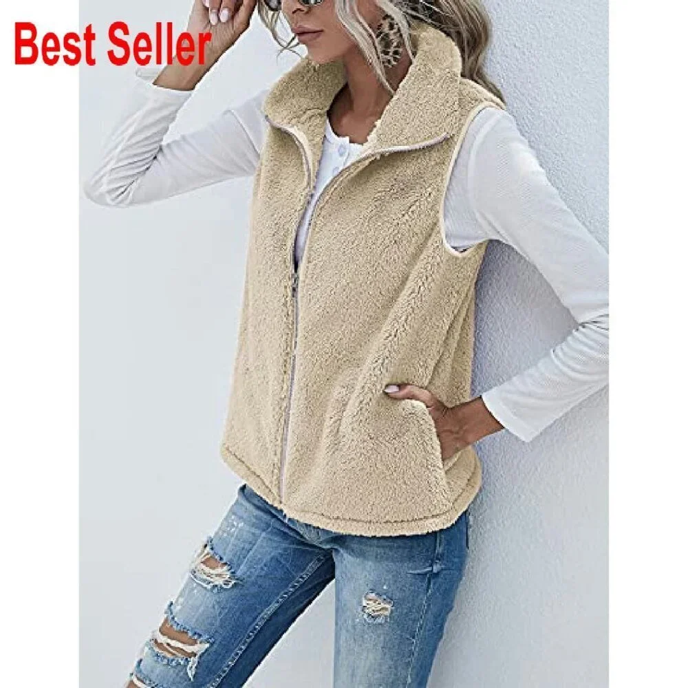 Fuzzy Sherpa Fleece Vest Cozy Sleeveless Cardigan Zipper Waistcoat Outerwear